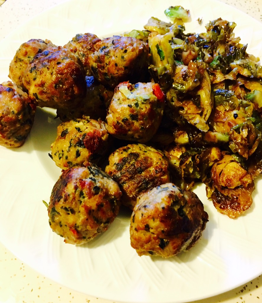 Aidell meatballs with sautéed balsamic-glazed brussel sprouts