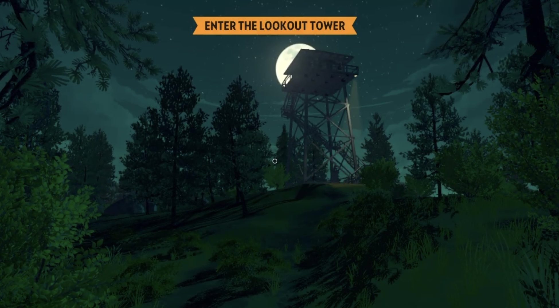 silhouette of a forest and lookout tower against a moon in the background
